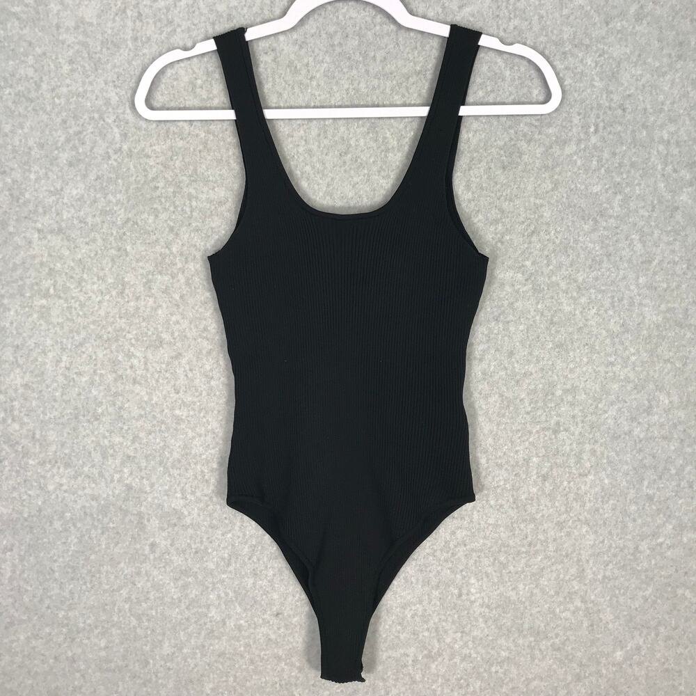 Happily Gray Bodysuit Womens Medium Black Ribbed Knit Sweater Basic‎ Goth Career